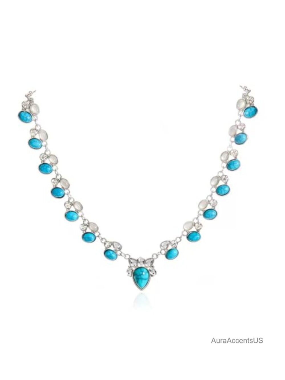 Long Turquoise Statement Necklace Boho Cabochon Stainless Steel Rope